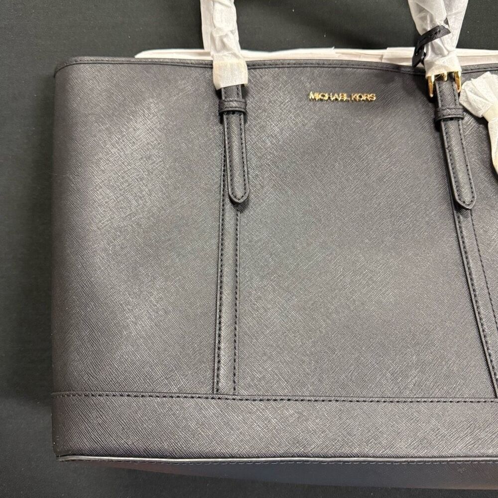 New Michael Kors Black Jet Set Travel Large Saffiano Leather Tote Bag - Picture 2 of 9